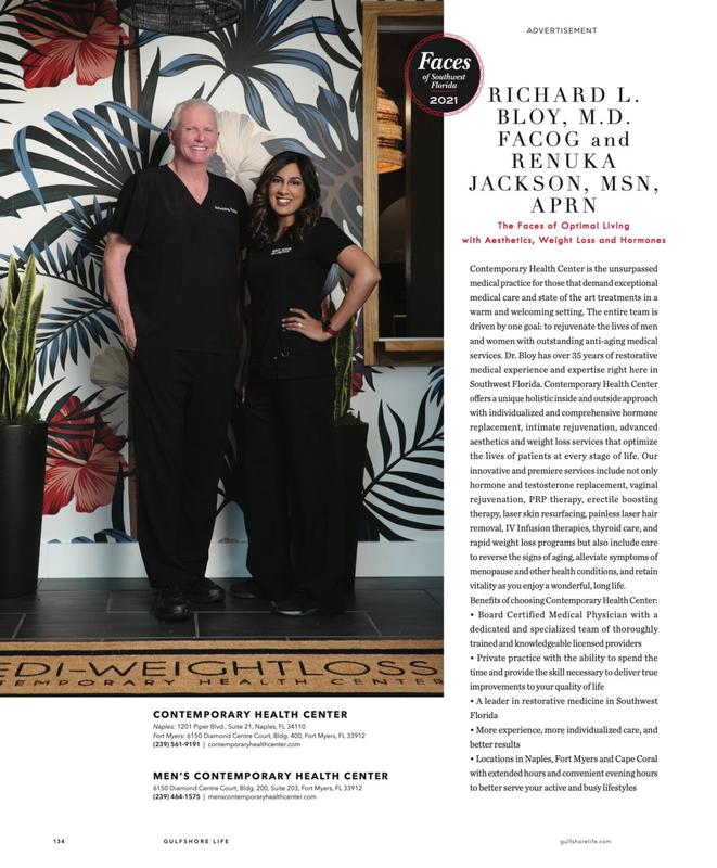 contemporary-health-center-faces-of-southwest-florida-2021 dr. richard bloy and renuka jackson standing together inside of contemporary health center after being named the faces of southwest florida in 2021 from Gulfshore Life magazine